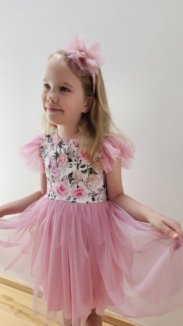 Różowa sukienka z bawełnianą górą i tiulowym dołem, dla dziewczynki