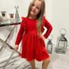 Bawełniana, czerwona sukienka z tiulem w brokatowe kropki dla dziewczynki.