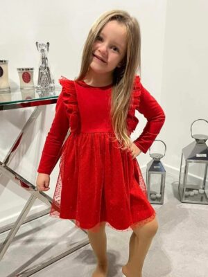 Bawełniana, czerwona sukienka z tiulem w brokatowe kropki dla dziewczynki.