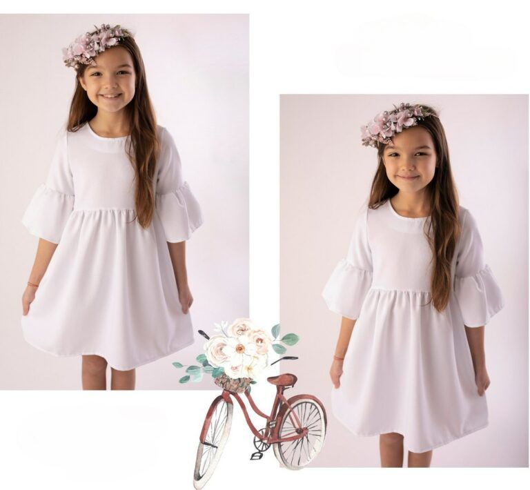 Sukienka dla dziewczynki z ozdobnymi bufkami - biała
