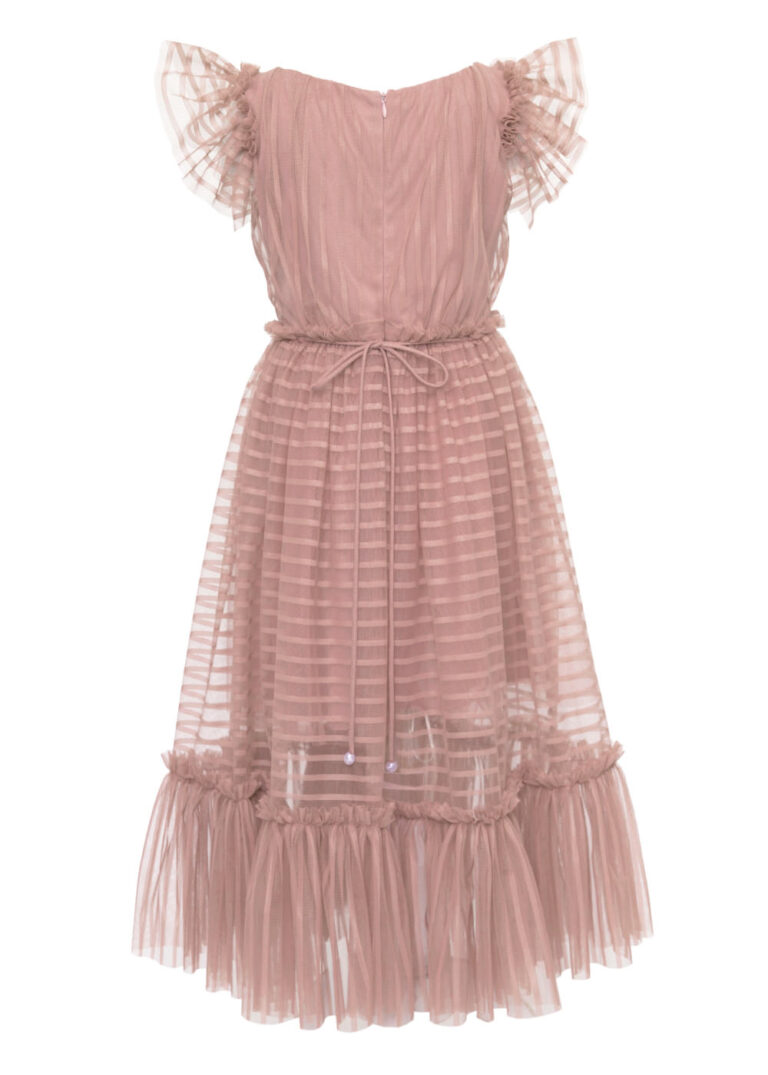 Sukienka dla dziewczynki różowa, wykonana z tiulu w paski, widok z tyłu