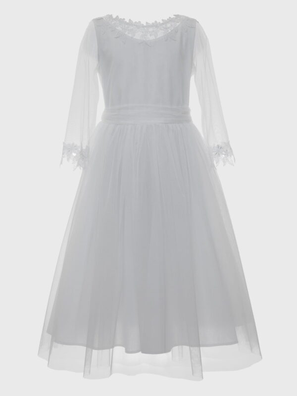Biała sukienka do Komunii z koronkowym dekoltem.
