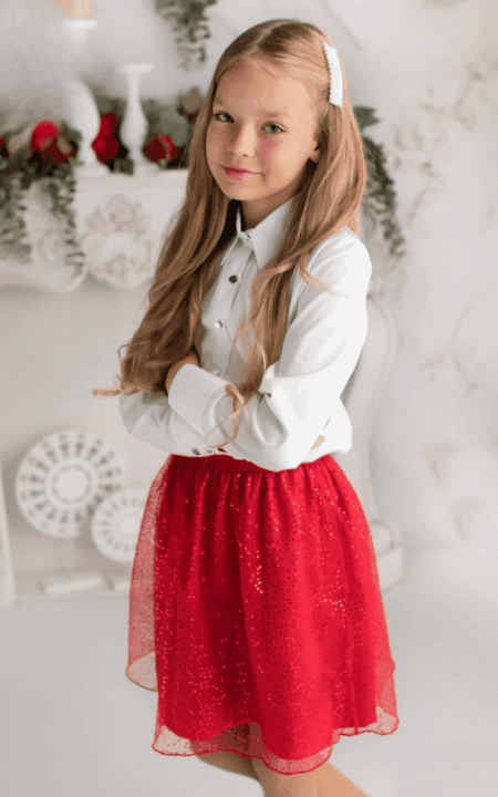 Spódniczka z czerwonego tiulu z brokatowymi kropkami, dla dziewczynki
