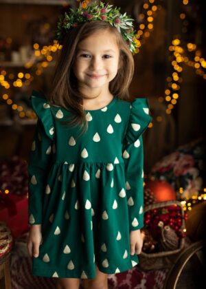 Bawełniana sukienka w kolorzez butelkowej zieleni w złote krople, łezki, dla dziewczynki.