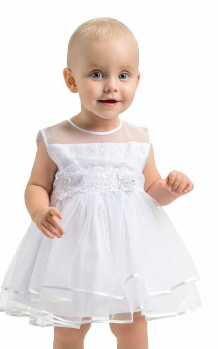 Kremowa sukienka na chrzest na krótki rękaw