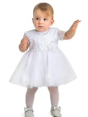 biała sukienka na chrzest na krótki rękaw