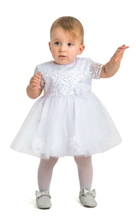 Biała sukienka na chrzest na krótki rękaw
