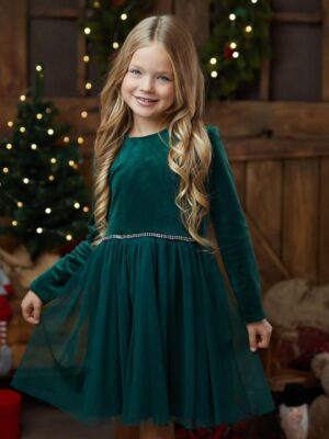 Sukienka welurowa z tiulem w kolorze butelkowej zieleni dla dziewczynki