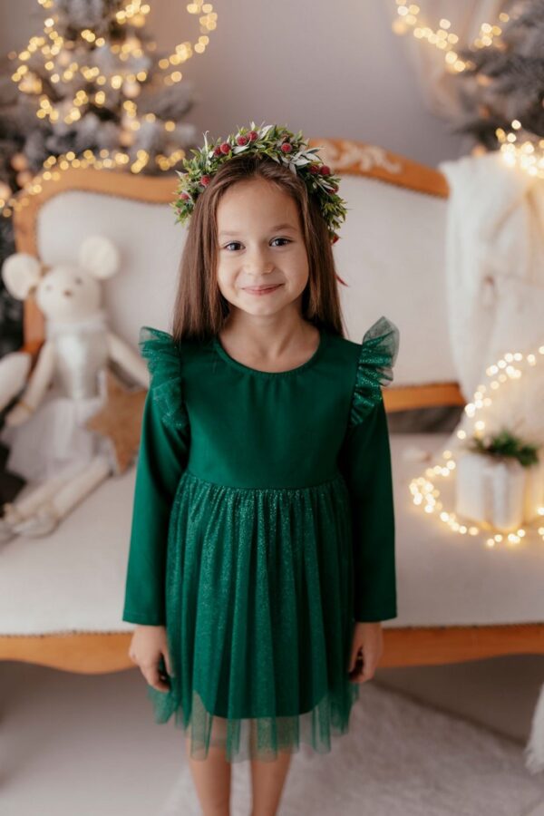 Sukienka w kolorze butelkowej zieleni z błyszczącym tiulem, dla dziewczynki.