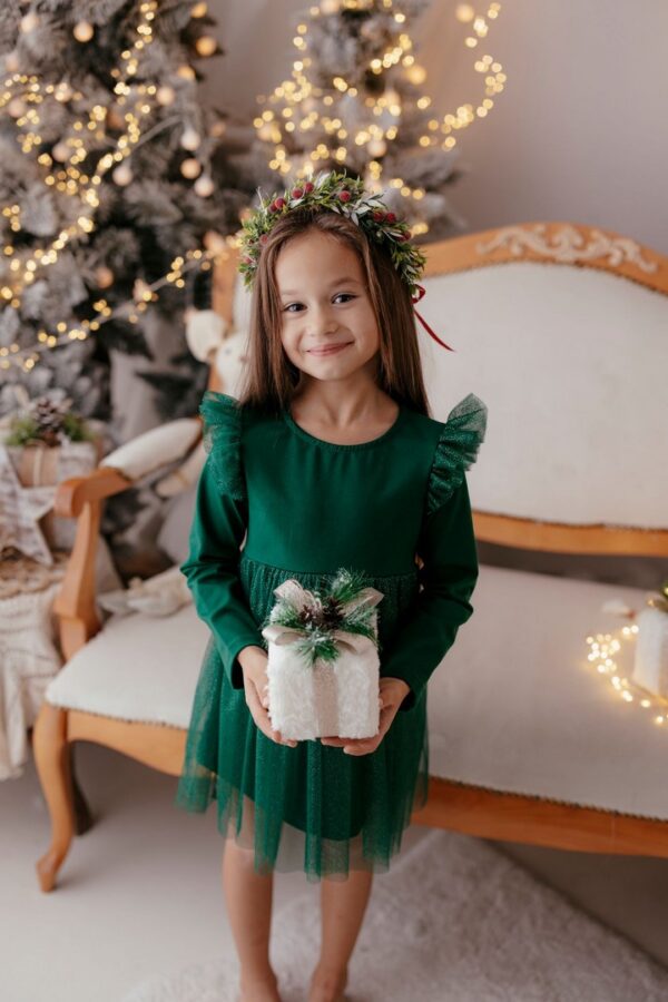 Sukienka w kolorze butelkowej zieleni z błyszczącym tiulem, dla dziewczynki, z prezentem.