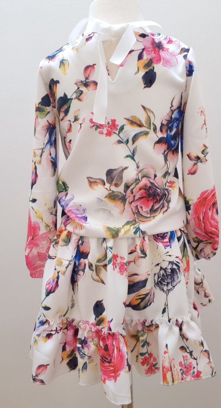 Sukienka dla dziewczynki wiosenne kwiaty, na długi rękaw, widok z tyłu