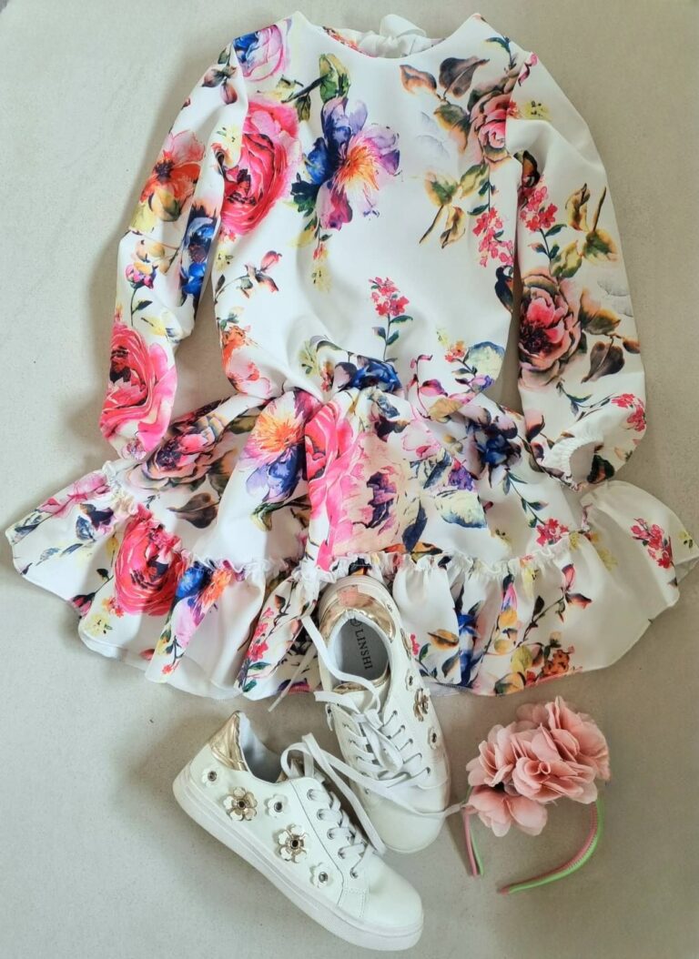 Sukienka dla dziewczynki wiosenne kwiaty, na długi rękaw