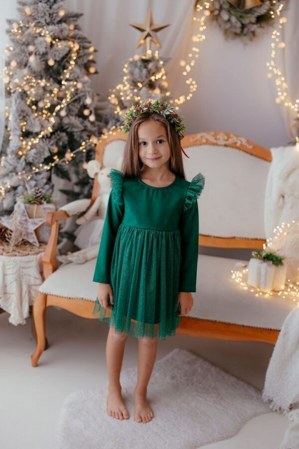 Sukienka w kolorze butelkowej zieleni z połyskującym tiulem, dla dziewczynki.