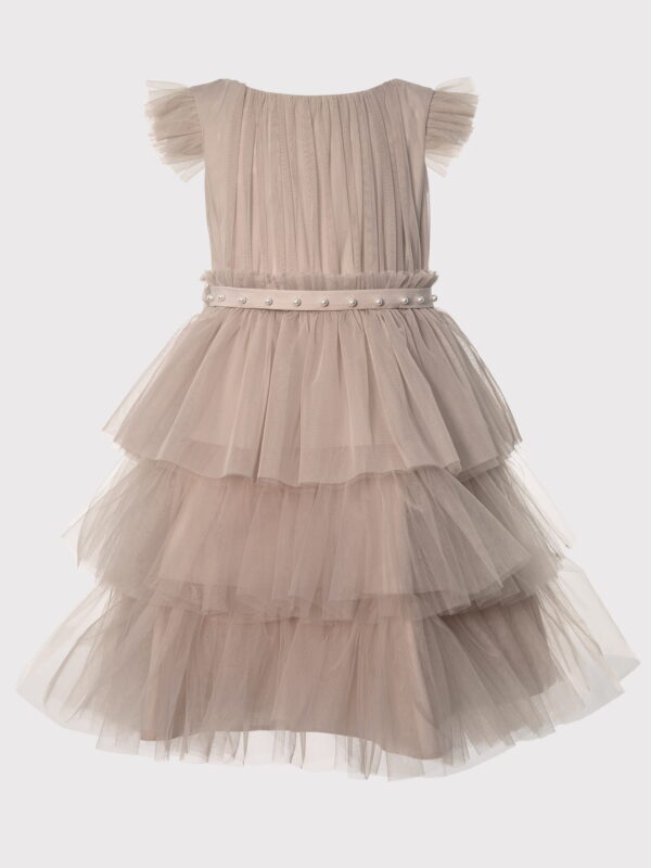 tiulowa sukienka z falbanami w bezowym kolorze wzor