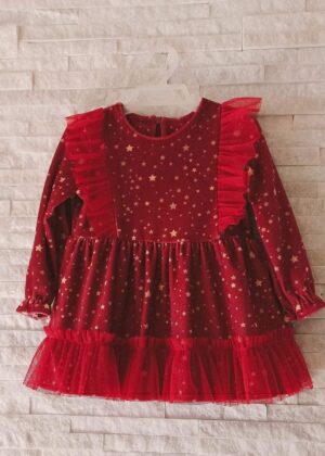 Czerwona sukienka welurowa w gwiazdki
