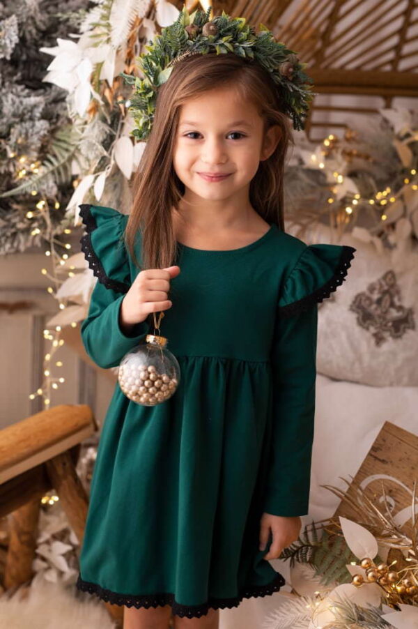 sukienka świąteczna w kolorze butelkowej zieleni dla dziewczynki