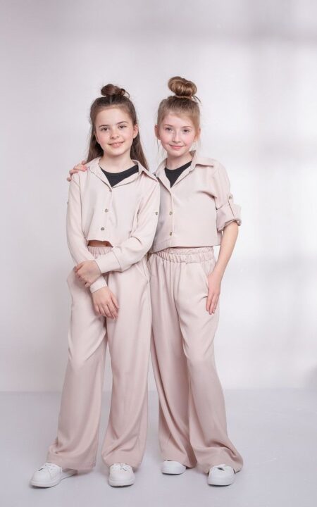 Letni, wizytowy komplet w kolorze beżowym, dla dziewczynki