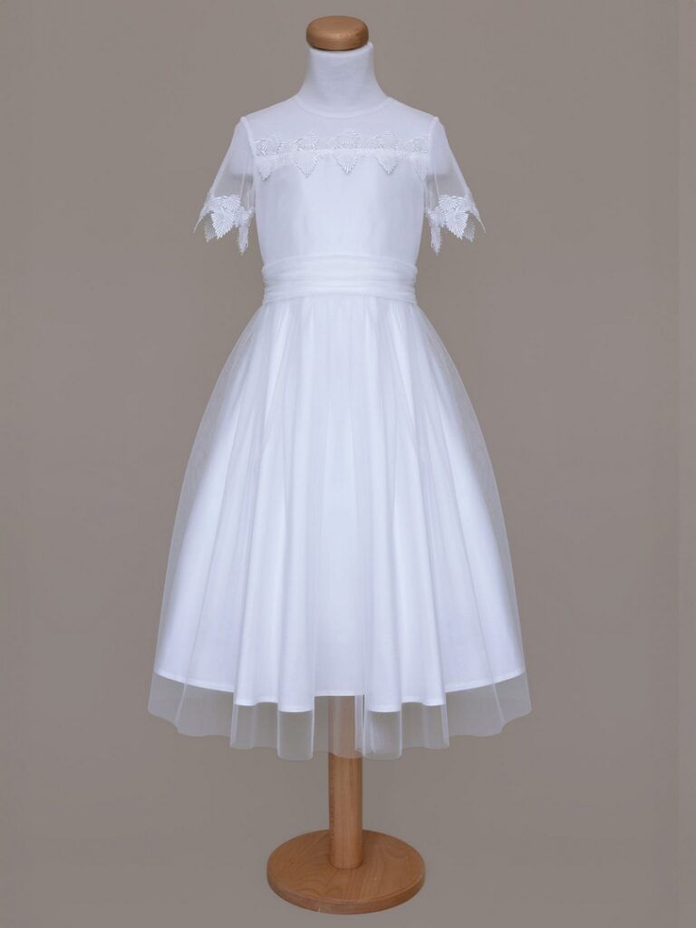 biała suknia na komunie z listkami, wzór - przód