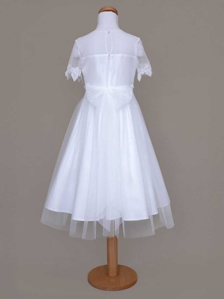 biała suknia na komunie z listkami, wzór - tył