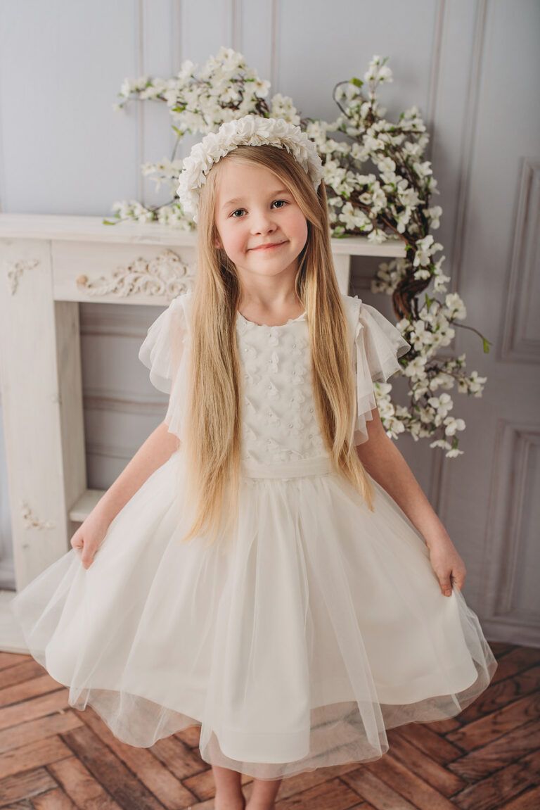 Biała sukienka w kwiatki 3 d, dla dziewczynki