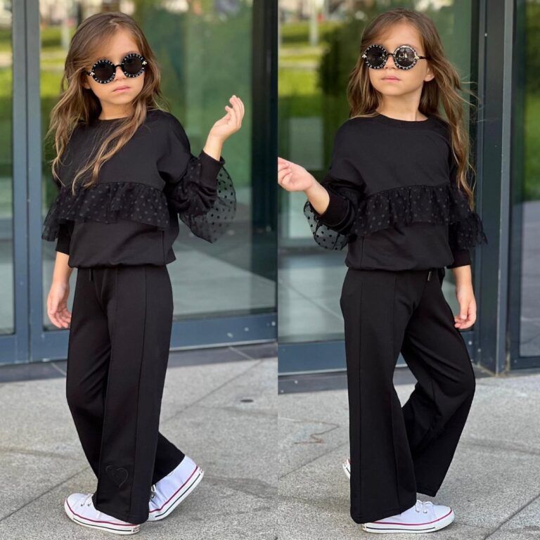 Czarny komplet z tiulową falbaną dla dziewczynki