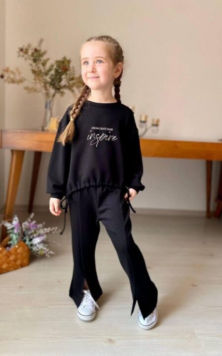 Czarny, wiskozowy komplet z dzwonami, dla dziewczynki