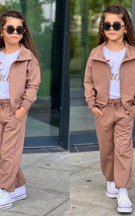 bawełniany komplet trzyczęściowy dla dziewczynki, kolor czekoladowy.