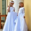 dluga biala suknia na komunie koronkowe dlugie rekawy na dzieciach