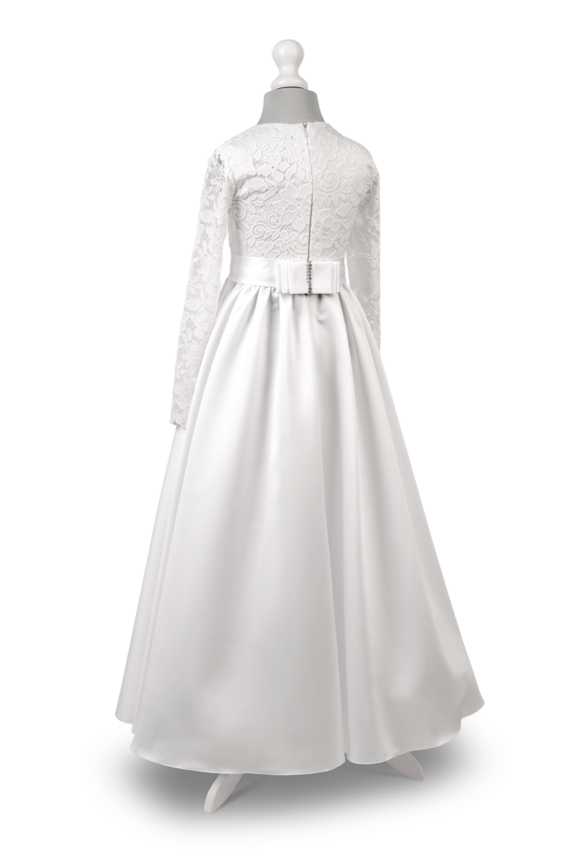 dluga biala suknia na komunie koronkowe dlugie rekawy wzor tyl