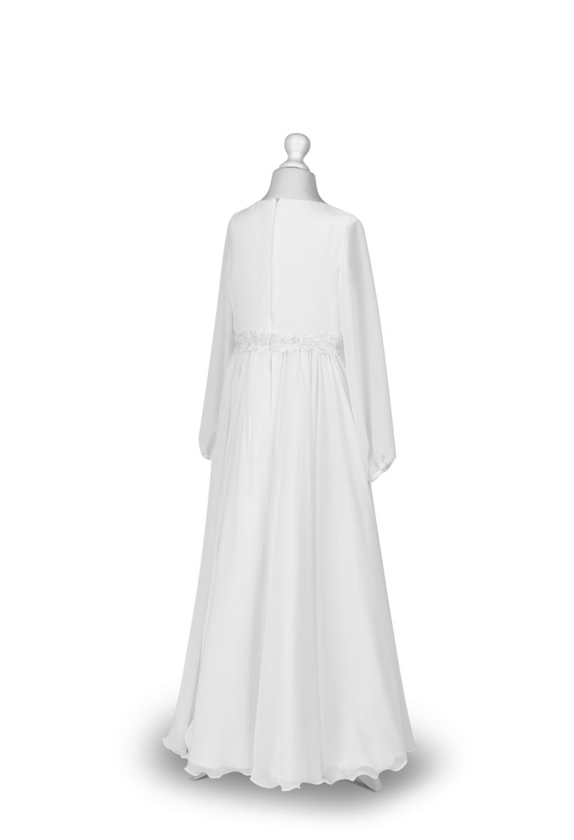 dluga biala szyfonowa suknia dla dziewczynki manekin tyl