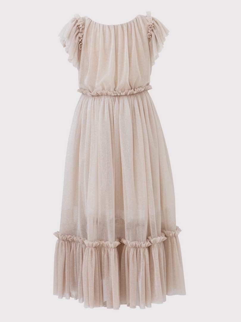 jasno bezowa sukienka na wesele wykonana brokatowego tiulu wzor przod