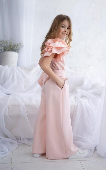 Sukienka dla dziewczynki kombinezon z koronkowymi plecami - łososiowy