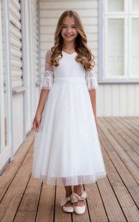 Komunijna sukienka dla dziewczynki z ozdobnym tylem do lydki