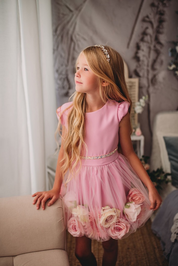Sukienka dla dziewczynki sukienka z wszytymi kwiatami - cukierkowy róż