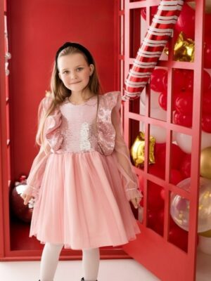 Sukienka w kolorzez różowym, na długi rękaw, z efektem wow, dla dziewczynki.