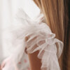 Biała sukienka z wzorem w serduszka i tiulowymi rękawami, dla dziewczynki.- rekawek