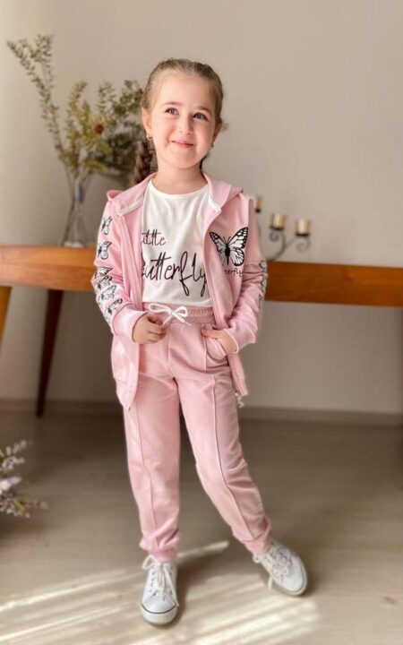 Bawełniany, trzyczęściowy komplet z motylami dla dziewczynki