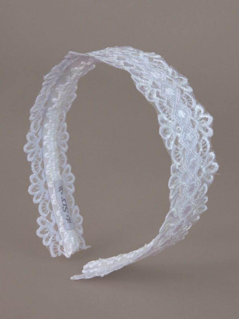 Biała opaska do Komunii z koronkowej taśmy, wzór