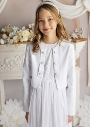 Biały żakiet dla dziewczynki z sześcioma srebrnymi guzikami, idealny na eleganckie okazje.