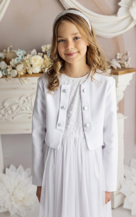 Biały żakiet dla dziewczynki z sześcioma srebrnymi guzikami, idealny na eleganckie okazje.
