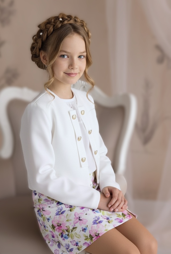 Biały żakiet z złotymi guzikami, idealny na eleganckie okazje dla dziewczynki.