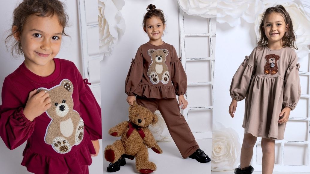 Ubrania dla dziewczynki z motywem misia, w tym sweter, komplet dresowy i sukienka, idealne na Dzień Misia.