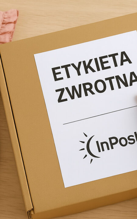 Etykieta zwrotna InPost na paczce z różową sukienką dla dziewczynki.