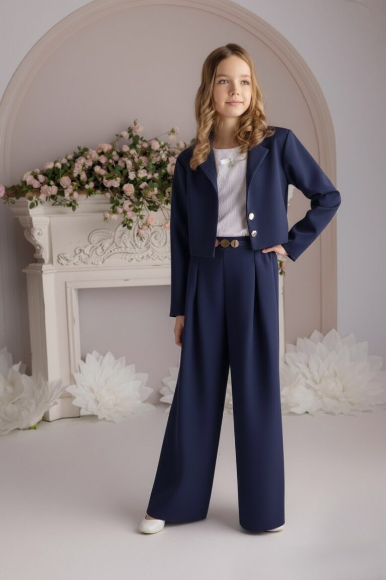 Granatowy garnitur dla dziewczynki z krótką marynarką i szerokimi spodniami, idealny na eleganckie okazje.