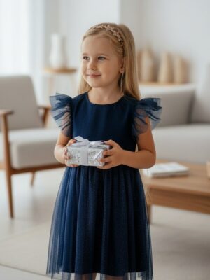 Granatowa sukienka z połyskującym tiulem i falbanami na rękawach, idealna na uroczystości.