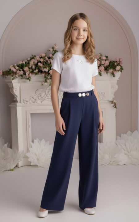 Granatowe wizytowe spodnie dla dziewczynki z ozdobnym paskiem, idealne na eleganckie okazje.
