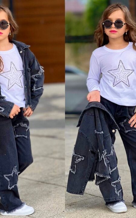 Jeansowa katana i granatowe spodnie dla dziewczynki, idealne na codzienne stylizacje.
