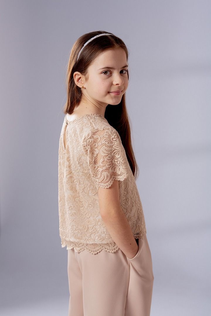 Zestaw z koronkową bluzką, kolor beżowy dla dziewczynki