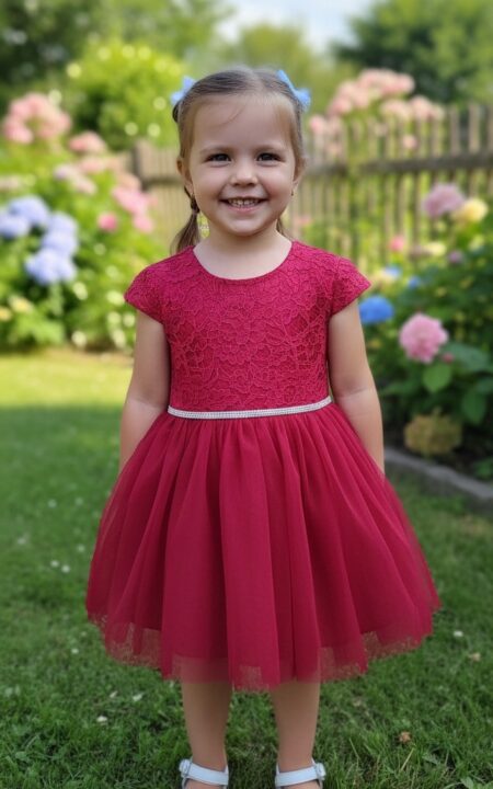 Malinowa sukienka koronkowa z krótkim rękawem dla dziewczynki, idealna na specjalne okazje.
