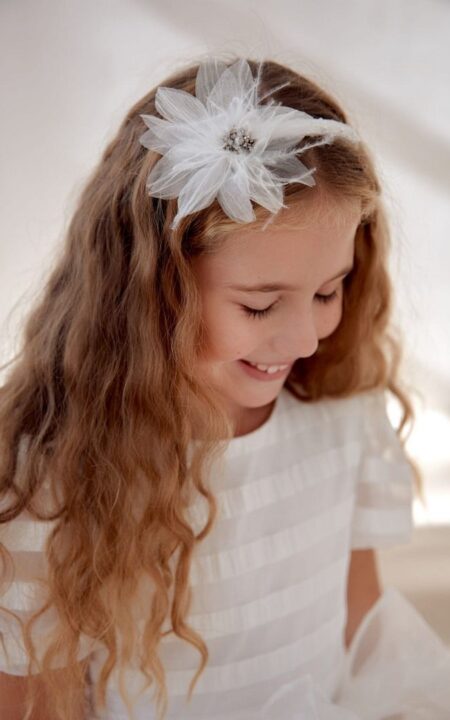 opaska z kwiatem i piórami, ecru